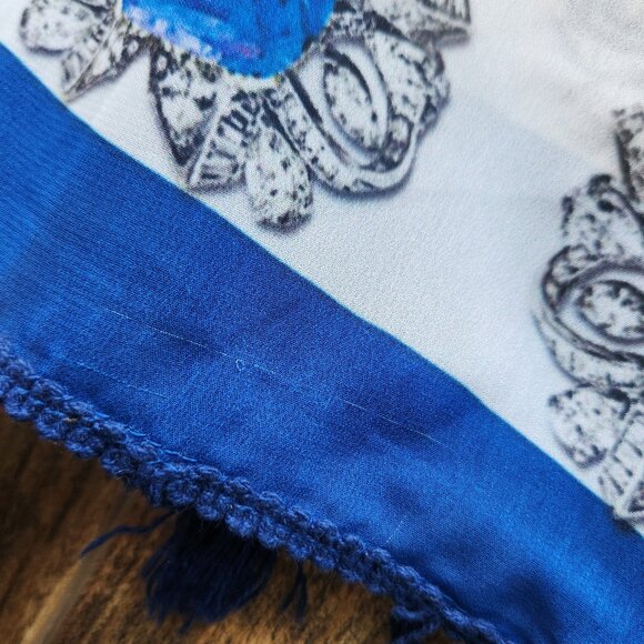 ASA Kaftans Beaded Jewel Caftan Top Tassel-Hem V-Neck Chiffon Blue White - Picture 12 of 12